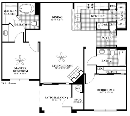 Floor plan for 2 beds, 2 baths, 1085 sqft