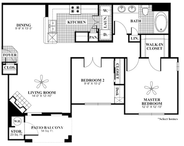 Floor plan for 2 beds, 1 bath, 970 sqft