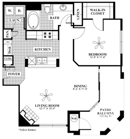 Floor plan for 1 bed, 1 bath, 850 sqft