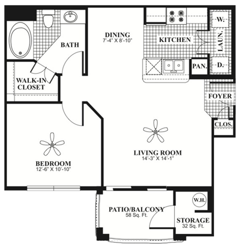 Floor plan for 1 bed, 1 bath, 715 sqft
