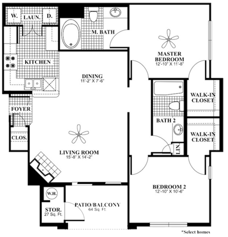 Floor plan for 2 beds, 2 baths, 1060 sqft