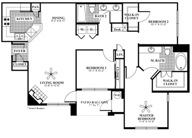 Floor plan for 3 beds, 2 baths, 1285 sqft