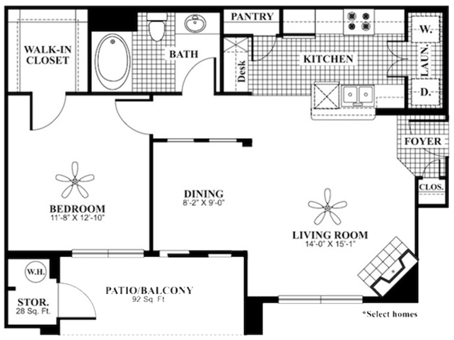 Floor plan for 1 bed, 1 bath, 820 sqft