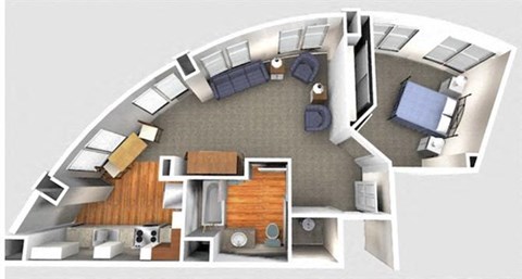 Floor plan for 1 bed, 1 bath, 604 sqft