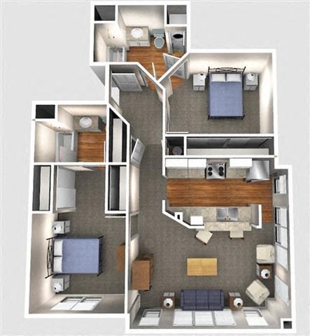 Floor plan for 2 beds, 2 baths, 934 sqft