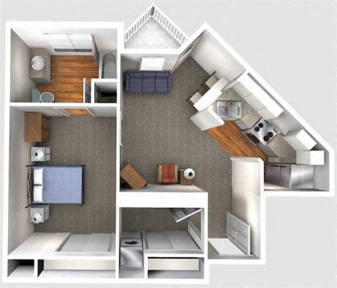 Floor plan for 1 bed, 1 bath, 590 sqft