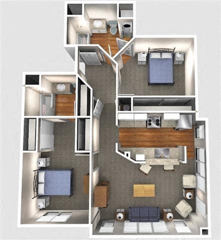 Floor plan for 2 beds, 2 baths, 934 sqft