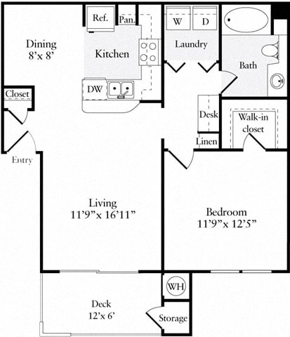 Floor plan for 1 bed, 1 bath, 728 sqft