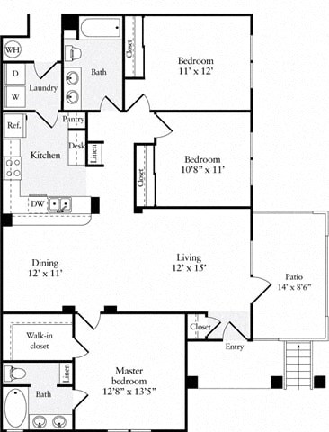 Floor plan for 3 beds, 2 baths, 1238 sqft