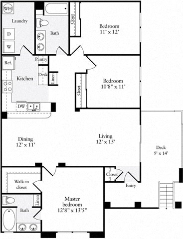 Floor plan for 3 beds, 2 baths, 1324 sqft