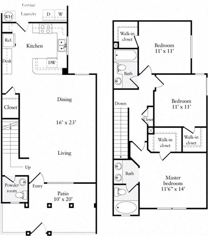 Floor plan for 3 beds, 2.5 baths, 1329 sqft