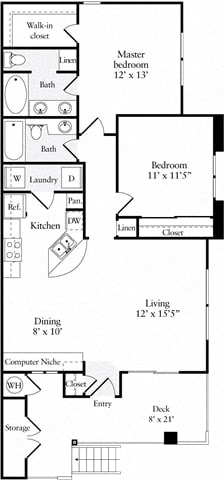 Floor plan for 2 beds, 2 baths, 1001 sqft
