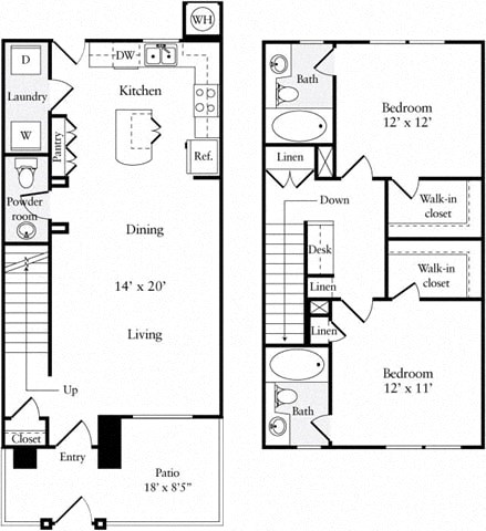 Floor plan for 2 beds, 2.5 baths, 1102 sqft