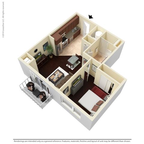 Floor plan for 1 bed, 1 bath, 642 sqft