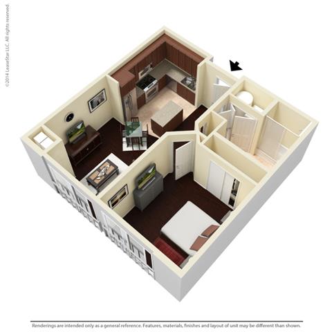 Floor plan for 1 bed, 1 bath, 677 sqft