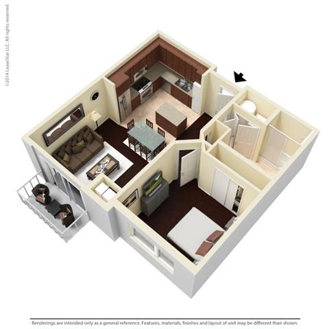 Floor plan for 1 bed, 1 bath, 717 sqft