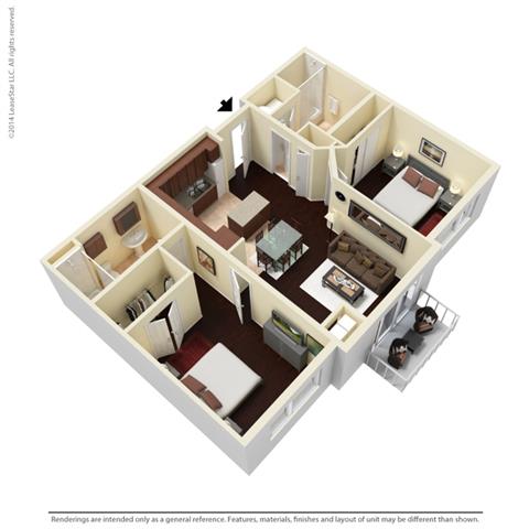 Floor plan for 2 beds, 2 baths, 1045 sqft
