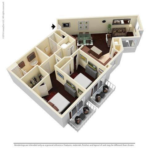 Floor plan for 2 beds, 2 baths, 1138 sqft
