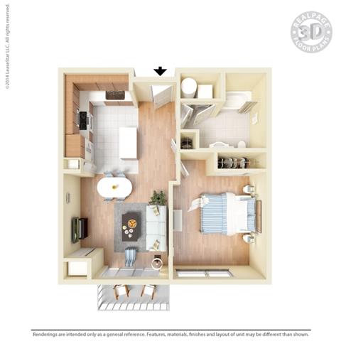 Floor plan for 1 bed, 1 bath, 684 sqft