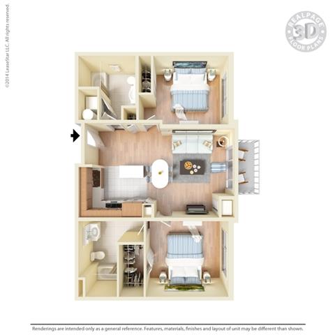 Floor plan for 2 beds, 2 baths, 1029 sqft