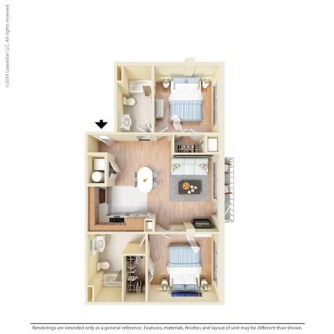 Floor plan for 2 beds, 2 baths, 1042 sqft