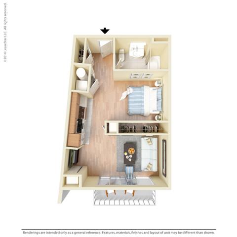 Floor plan for studio, 1 bath, 622 sqft