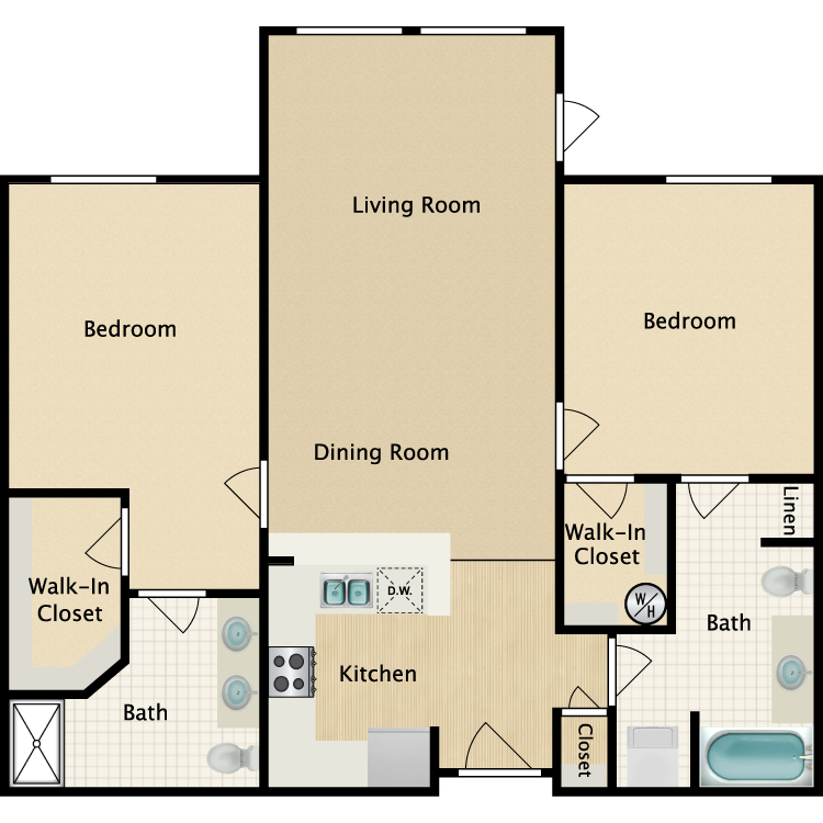 Floor plan for 2 beds, 2 baths, 1002 sqft
