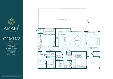 Floor plan for 2 beds, 2 baths, 1119 sqft