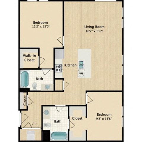 Floor plan for 2 beds, 2 baths, 1079 sqft
