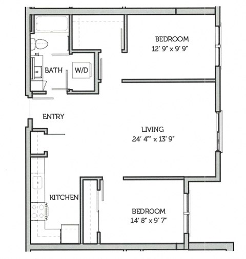 Floor plan for 2 beds, 1 bath, 879 sqft