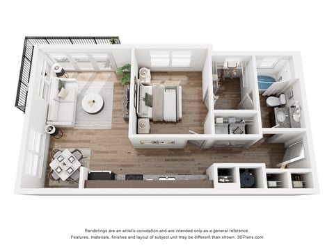 Floor plan for 1 bed, 1 bath, 658 sqft