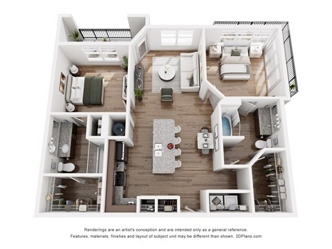 Floor plan for 2 beds, 2 baths, 1050 sqft
