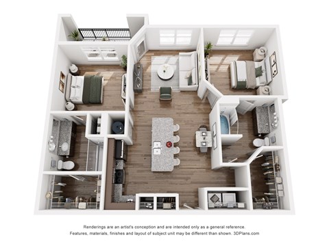 Floor plan for 2 beds, 2 baths, 1036 sqft