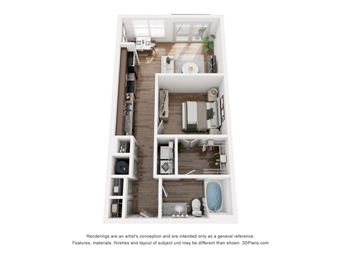 Floor plan for 1 bed, 1 bath, 599 sqft