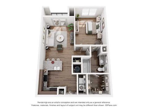 Floor plan for 1 bed, 1 bath, 726 sqft