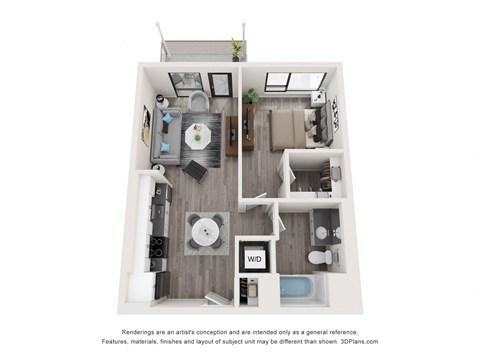 Floor plan for 1 bed, 1 bath, 731 sqft