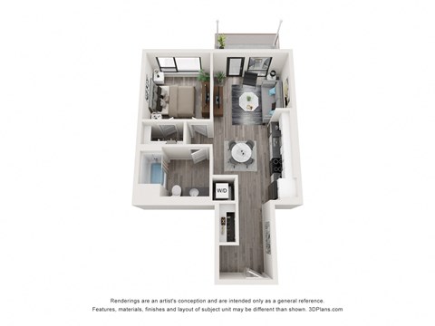Floor plan for 1 bed, 1 bath, 730 sqft