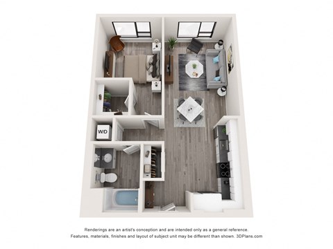 Floor plan for 1 bed, 1 bath, 799 sqft