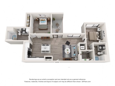 Floor plan for 2 beds, 2 baths, 1135 sqft