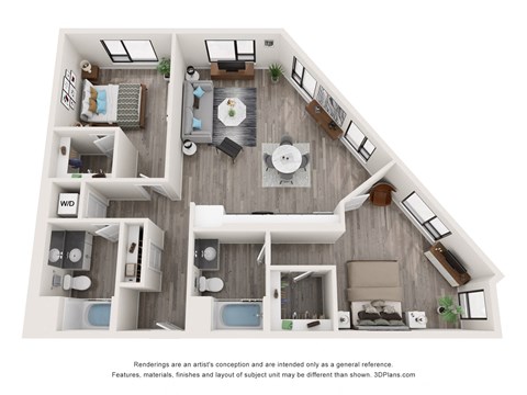 Floor plan for 2 beds, 2 baths, 1228 sqft
