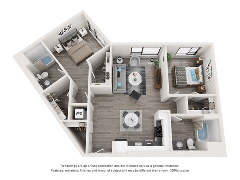 Floor plan for 2 beds, 2 baths, 1134 sqft