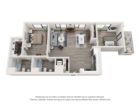 Floor plan for 2 beds, 2 baths, 1227 sqft