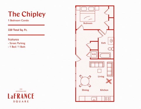 Floor plan for 1 bed, 1 bath, 612 sqft