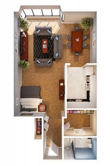 Floor plan for studio, 1 bath, 566 sqft