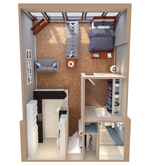 Floor plan for studio, 1 bath, 563 sqft