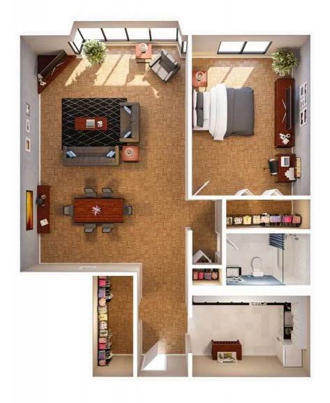 Floor plan for 1 bed, 1 bath, 878 sqft