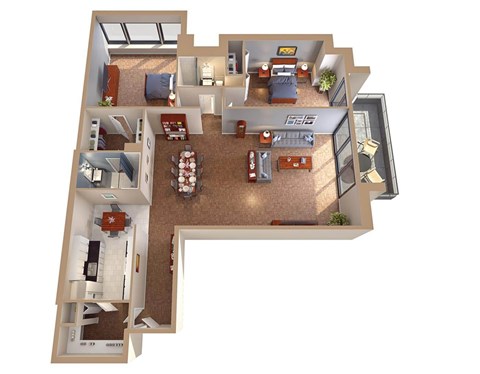 Floor plan for 2 beds, 2 baths, 1249 sqft