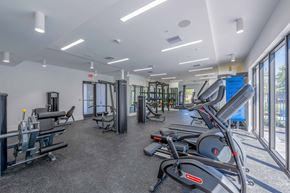 Miami apartment for rent - Bright, modern apartment fitness center with treadmills, elliptical machines, and weight training equipment.