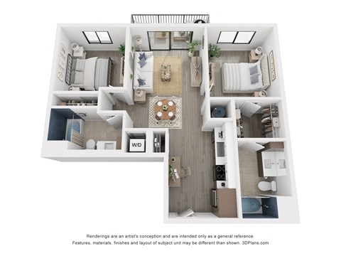 Floor plan for 2 beds, 2 baths, 965 sqft