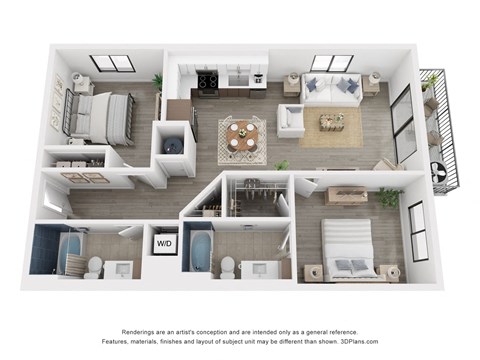 Floor plan for 2 beds, 2 baths, 1090 sqft